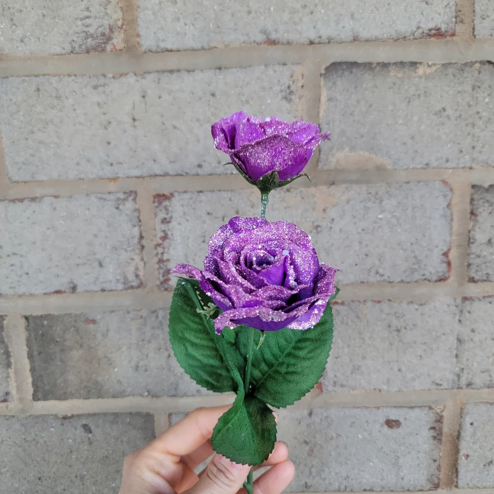 Handmade Purple Glitter Faux Rose Stems Artificial Flowers Sparkly Floral Decor